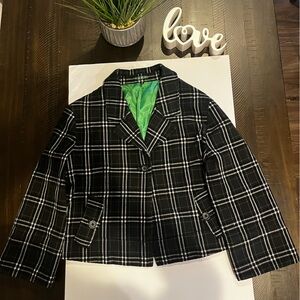 Madison Plaid Black, White & Green Cropped Blazer